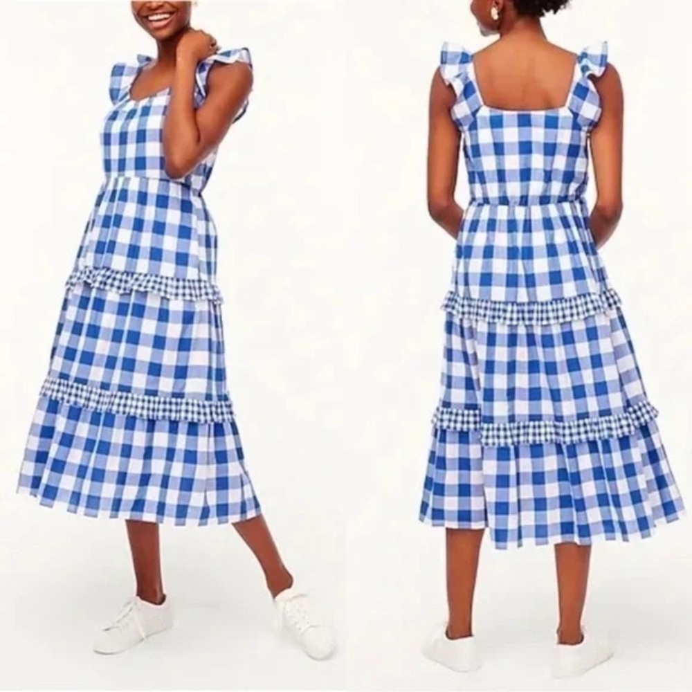 J Crew Women's Blue White Gingham Sleeveless Tiered Midi Dress Size M